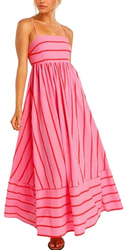 Happy Cherry Damen Verstellbares Kleid Spaghettiträgern Boho Langes Maxi Kleid Gestreifter Druck Lässiges Ärmelloses Maxi Cami Kleid Damen Schwingkleid Rosa L von Happy Cherry