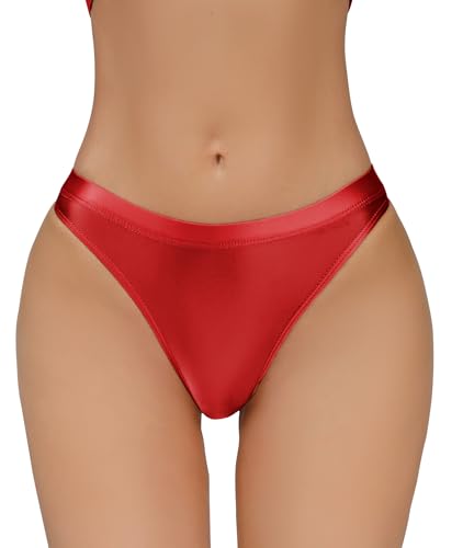 Happy Cherry Einfarbige Hipster Höschen für Damen Unverzichtbare Unsichtbare Schnell Trocknende Bikini Stil UnterwäSche Leichte Glänzende Ölige Tangahöschen Rot M von Happy Cherry