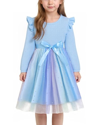 Happy Cherry Einschulung Kleider Mädchen Kinder Hochzeit Tüllkleid Blumenmädchen Kleid ELSA Regenbogen Prinzessinenkleid 110 cm von Happy Cherry