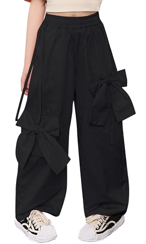Happy Cherry - Fallschirmhose Cargo Mädchen Sommer Baggy Hosen Teenager Hose Weitem Bein mit Schleife Freizeithose Kinderhose mit Elastische Taille für Frühling Herbst - 152-158 - Schwarz von Happy Cherry