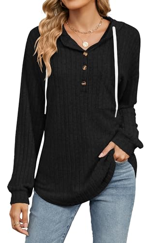 Happy Cherry Frauen Elegante Langarm Sweatshirts Casual Arbeit Strick Streifen Pullover Elastische Manschetten Button Kapuzen-Sweatshirts Schwarz XXL von Happy Cherry