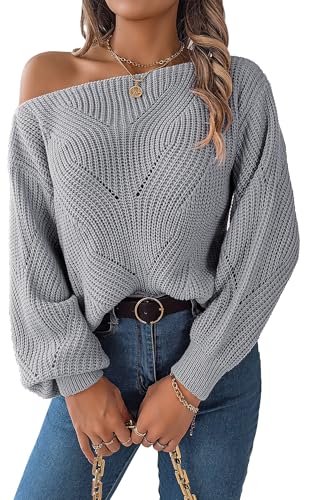 Happy Cherry Frauen Gestrickt Lose Pullover Damen Frühling Herbst Winter Langarm Oberbekleidung Pullover Lässig Bandeau Ausschnitt Straße Pullover Grau S von Happy Cherry