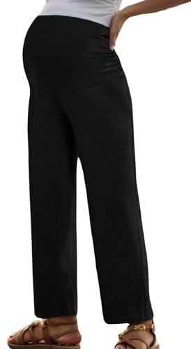 Happy Cherry Frauen Mutterschaft Hose Schwangerschaft Palazzo Lounge Hose Gerade Lässig Gemütliche Hose Elastische Taille über den Bauch Sweatpants mit Taschen M von Happy Cherry