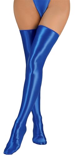 Happy Cherry Frauen Solid Halterlose StrüMpfe Sheer Silky Anti-Rutsch Glossy Oberschenkel Hohe StrüMpfe öLig GläNzende Lange Socken Karneval Clubwear Blau von Happy Cherry