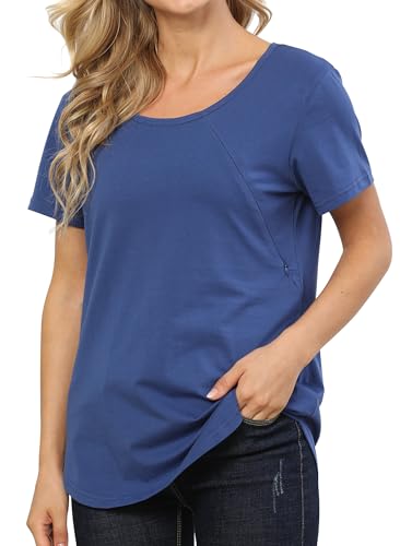 Happy Cherry Frauen Stilltop Sommer Stillshirt Rundhals Kurzarm Umstandstop mit Versteckter seitlicher Reißverschluss M Blau von Happy Cherry