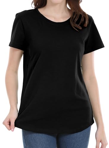 Happy Cherry Frauen Stilltop Sommer Stillshirt Rundhals Kurzarm Umstandstop mit Versteckter seitlicher Reißverschluss M Schwarz von Happy Cherry