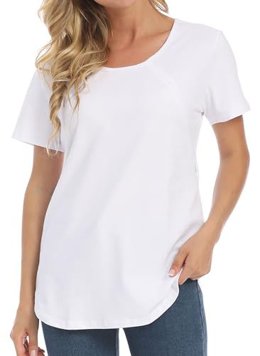 Happy Cherry Frauen Stilltop Sommer Stillshirt Rundhals Kurzarm Umstandstop mit Versteckter seitlicher Reißverschluss M Weiß von Happy Cherry