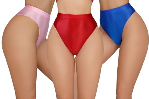 Happy Cherry Frauen Unsichtbare Sexy High Taille Unterhose Weiche Seide Stretch Cheeky Höschen Elastische Nahtlose Basic Slips Höschen 3 Pack Rot Rosa Blau XXL von Happy Cherry