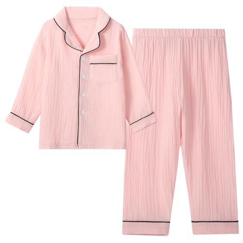 Happy Cherry Gaze Pyjama Set für Mädchen Langarm Knopf Oben Nachtwäsche Bequeme Baumwolle Loungewear Weiches Atmungsaktives Schlafanzug Rosa 140 von Happy Cherry