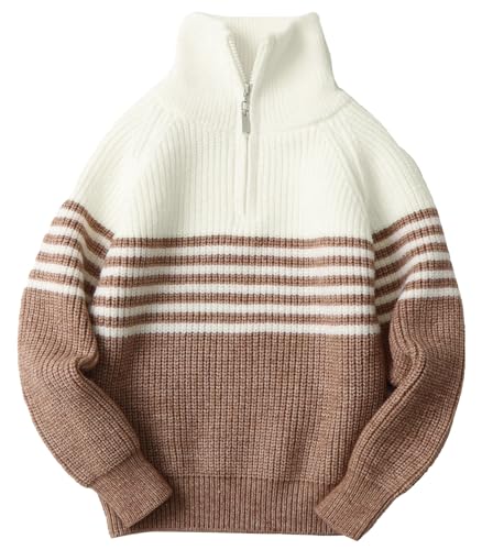Happy Cherry - Gestreifter Strickpullover Jungen Pullover für Kinder Winter-Sweatshirts Rollkragenpullover Kinder Langarm Warme Oberbekleidung - 150-160 cm - Braun Weiß von Happy Cherry