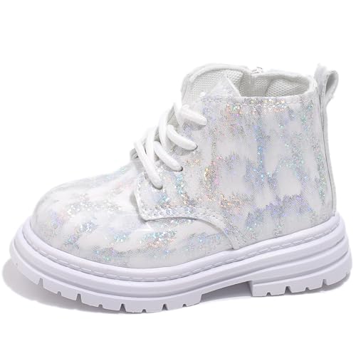 Happy Cherry Glänzende Schnürstiefeletten für Mädchen Jungen Mode Wasserdichte Lederstiefeletten Kleinkind Rutschfester Sohle Kurze Stiefel mit Reißverschluss Weiß 27 EU von Happy Cherry