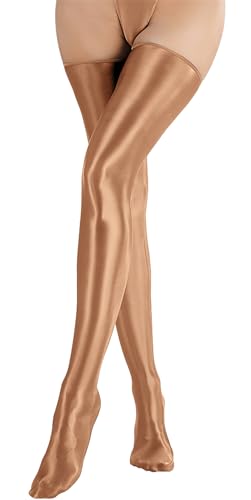 Happy Cherry Glänzende ölige Halterlose Strümpfe für Frauen - Wet Look Oberschenkel Hohe Strümpfe - Rutsch Trim Strumpfhosen - Tanz Party Kostüm - Braun von Happy Cherry