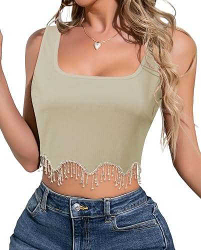 Happy Cherry Glitter Strass Quaste Fringe Trim Tank Top für Frauen Funkelnde Pailletten Fringe Ärmellose Strick Top Weste Sexy Elastische Crop Top Aprikose M von Happy Cherry