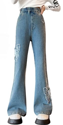 Happy Cherry Glockenjeans Mädchen Kinder Schlaghose Blau Y2K Style Denim Hose Elastischer Bund Vintage Casual Jeanshosen Skinny Ausgestellte Hosen 140 von Happy Cherry