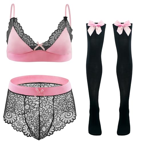 Happy Cherry Herren Hollow Out Bikini Crossdressing Dessous Set Haken und Augen Verschluss Büstenhalter Slips Strümpfe Set Nachtclub Schwarz Rosa XL 3 Stück von Happy Cherry