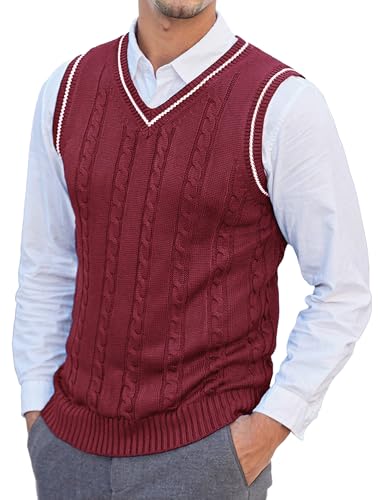 Herren Strick schlanke Gilets Herren Frühling Herbst Ärmellose Oberbekleidung Pullover Verdrehtes Muster V-Ausschnitt Overalls Weste Rot XL von Happy Cherry