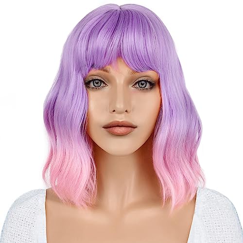 Happy Cherry Hitzebeständige Pony Perücke für Frauen Bachelorette Party Synthetische Farbe Natürliche Perücke Lila Rosa von Happy Cherry