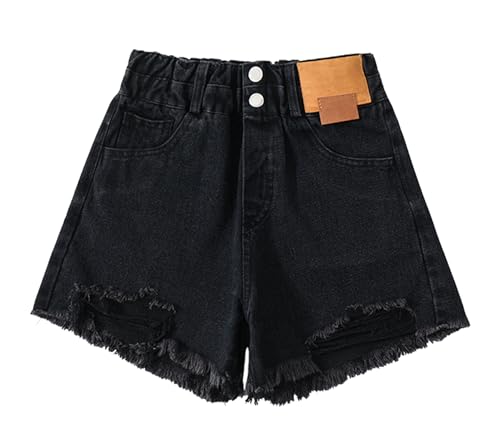 Happy Cherry Hohe Taille Löcher Jeansshorts Mädchen Kinder Sommer Denim Hotpants Y2K Schwarz Stretch Kurze Hose mit Taschen 150/10-11 Jahre von Happy Cherry