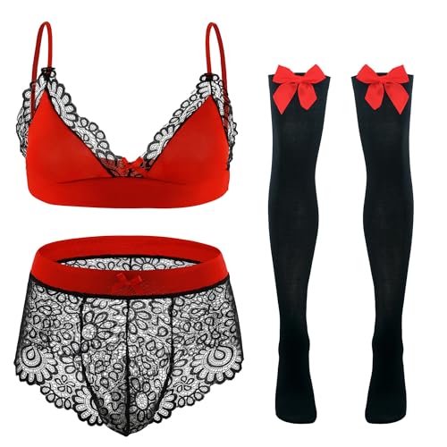 Happy Cherry Hollow Out Sissy Outfit Set für Männer Verstellbarer Riemen Haken und Augen Verschluss Büstenhalter Slips Strümpfe Set Hochzeitsnacht Schwarz Rot S 3 Stück von Happy Cherry