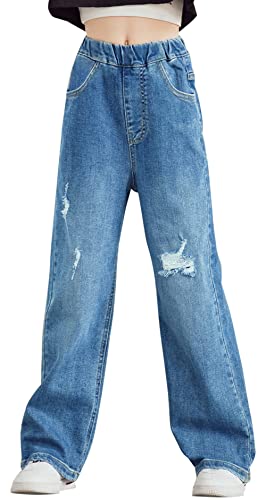 Happy Cherry - Hosen Denim Mädchen Hoch Taillierte Jeanshosen Teenager mit Weitem Bein Jeans Lange Hohe Taille mit Elastischem Bund Kinder für Sommer Frühling Herbst Winter - 8-9 Jahre - Blau von Happy Cherry