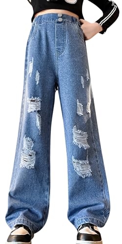 Happy Cherry - Hosen Denim Teenager Mädchen Hoch Taillierte Jeanshosen Teenager Jeans Lange Hohe Taille mit Elastischem Bund Kinder für Sommer Frühling Herbst Winter - 8-9 Jahre - Blau von Happy Cherry
