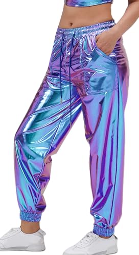 Happy Cherry Hosen für Frauen Rave Outfits Metallic Glänzende Jogginghose Hohe Taille Hologramm Hip Hop Tanzhose für Party Festival Laserblau M von Happy Cherry