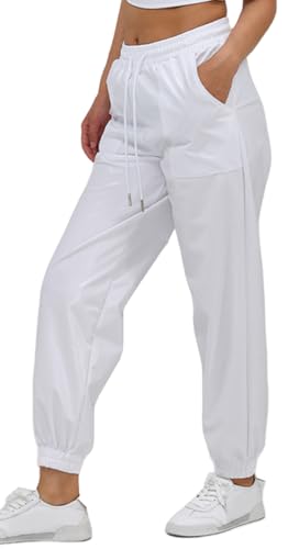 Happy Cherry Hosen für Frauen Rave Outfits Metallic Glänzende Jogginghose Hohe Taille Hologramm Hip Hop Tanzhose für Party Festival Weiß XXL von Happy Cherry