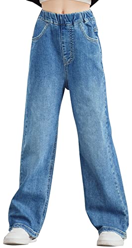 Happy Cherry - Jeans Mädchen Hohe Taille Teenager Jeanshosen mit Elastischer Bund Kinder Lange Hosen Denim mit Weitem Bein für Sommer Winter Frühling Herbst - 10-11 Jahre - Blau von Happy Cherry