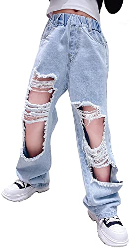 Happy Cherry Jeans Mädchen Ripped Wide Leg Cargo Hose Vintage Löcher Denim Blau 8-9Jahre von Happy Cherry