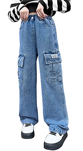 Happy Cherry Jeans Mädchen Ripped Wide Leg Cargo Hose Vintage Löcher Denim Blau 8-9Jahre von Happy Cherry