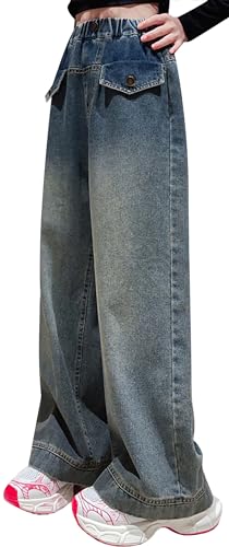 Happy Cherry - Jeans Mädchen Teenager Hosen Denim Lange mit Elastischem BundKinder Jeanshosen Vintage Hoch Taillierte Lässig für Sommer Frühling Herbst Winte - 13-15 Jahre - Blau von Happy Cherry