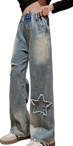 Happy Cherry - Jeans Teenager Mädchen Hohe Taille Jeanshosen mit Elastischer Bund Kinder Lange Hosen Denim Vintage mit Weitem Bein für Sommer Winter Frühling Herbst - 10-11 Jahre - Blau von Happy Cherry