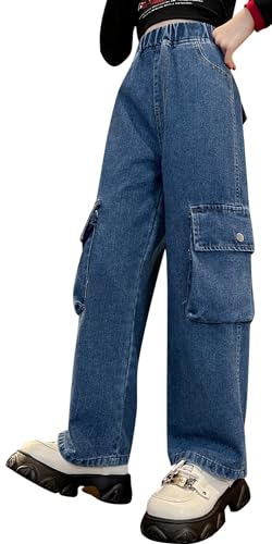 Happy Cherry - Jeans Teenager Mädchen Hohe Taille Jeanshosen mit Elastischer Bund Kinder Lange Hosen Denim mit Weitem Bein für Sommer Winter Frühling Herbst - 10-11 Jahre - Blau von Happy Cherry