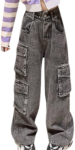 Happy Cherry Jeanshosen für Mädchen Bootcut Elastische Taille Denimhose Kinder Jeans mit Weitem Bein Y2K Retro Style Denim Hose Casual Loose Straight Jeans 170 von Happy Cherry