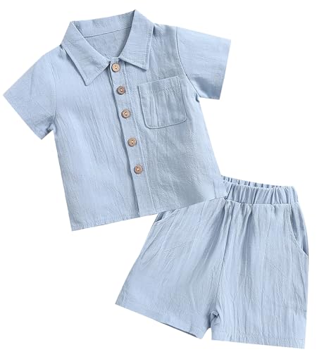 Happy Cherry Jungen 2 Stück Sommer Outfit Baby Button Down Shirt und Elastische Taille Shorts Sets Baumwolle Leinen Kurze Ärmel Top mit Taschen 18-24 Monate von Happy Cherry