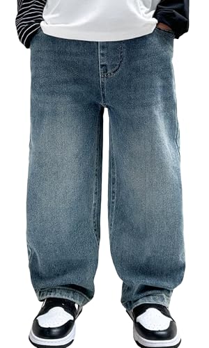 Happy Cherry Jungen Baggy Basic Jeans Gerade Lange Hose Weite Bein Hohe Taille Lange Denim Pants Blau 170 von Happy Cherry