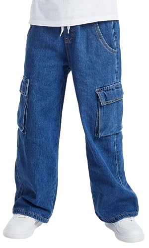 Happy Cherry Jungen Baggy Cargo Jeanshosen Hohe Taille Weiter Beinschnitt Dunkelblau Jeans Kinder Loose Fit Stretch Baumwoll Denimhose 11 Jahre von Happy Cherry