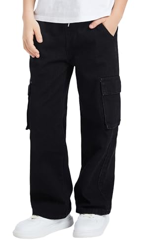 Happy Cherry Jungen Baggy Cargo Jeanshosen Hohe Taille Weiter Beinschnitt Schwarz Jeans Kinder Loose Fit Stretch Baumwoll Denimhose 8 Jahre von Happy Cherry