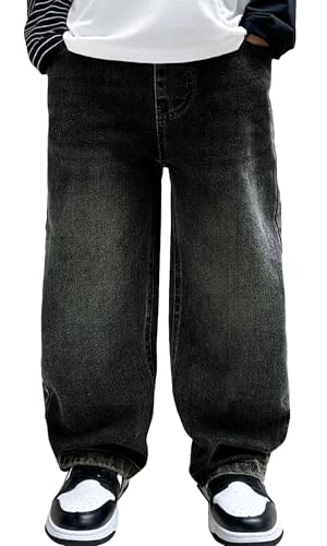 Happy Cherry Jungen Baggy Jeanshosen Mittlere Taille Weiter Beinschnitt Jeans Casual Denim Hosen Kinder Loose Fit Stretch Schwarz Jeans Hose 160 von Happy Cherry