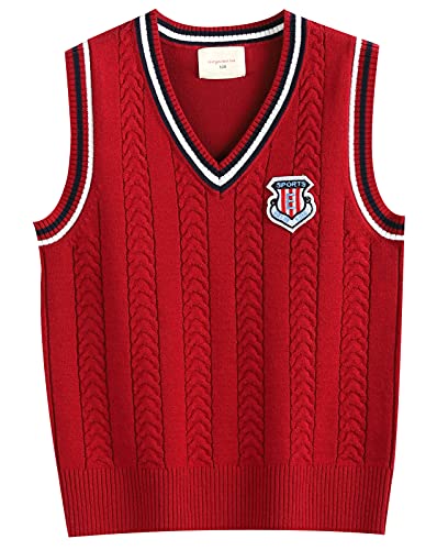 Happy Cherry Jungen Baumwolle Schulterweste Kinder Strickweste V-Ausschnitt Ärmellos Gestrickte Pullunder DE-Größe 116-122/Hersteller 120 - C-Rot von Happy Cherry