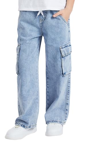 Happy Cherry Jungen Blau Cargo Jeans Weites Bein Jeanshosen mit Elastischem Bund Baggy Denim Jogginghose Casual Mode Jeans Cargohose 12 Jahre von Happy Cherry