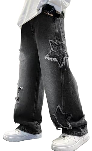 Happy Cherry - Jungen Straight Jeans Vintage Baggy Denim Hosen Kinder Skateboard Streetwear Y2K Jeanshosen Teenager Weitem Bein mit Elastischem Bund für Frühling Herbst Winter - 164-170 - Schwarz von Happy Cherry