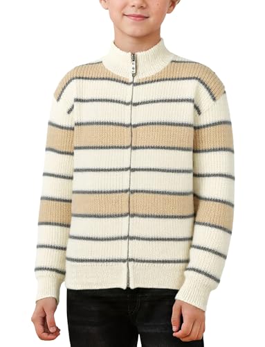 Happy Cherry - Jungen Strickpullover mit Reißverschluss Winter Strickjacke Jersey Gestreift Kinder Streifenpullover Teenager Pullover Langärmelig Sweatjacke Warme für frühling Herbst - 128-134 - Weiß von Happy Cherry