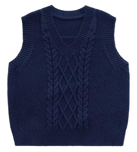 Happy Cherry - Jungen Strickweste Weste Ärmellose Pullover V-Ausschnitt Mädchen Winterweste Gestrickte Warmer Winterjacke Kinder Weste Kleinkind für Frühling Herbst - 150-160 - Dunkelblau von Happy Cherry