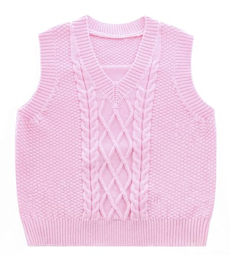 Happy Cherry - Jungen Strickweste Weste Ärmellose Pullover V-Ausschnitt Mädchen Winterweste Gestrickte Warmer Winterjacke Kinder Weste Kleinkind für Frühling Herbst - 150-160 - Rosa von Happy Cherry