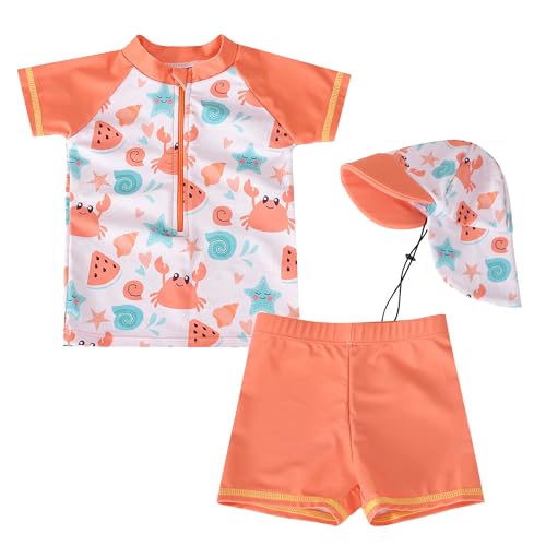 Happy Cherry Jungen UV Schutz Bade-Set Baby Bademode 3-teiliges Set Kurzarm Dinosaurier Schwimmen Tops+Badeshorts mit Hut 12-18 Monate Orange von Happy Cherry