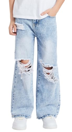 Happy Cherry Jungen Weite Bein Zerrissene Jeans Kinder Baggy Hellblau Jeanshosen Elastische Taille Baumwoll Denimhose Lässige Mode Jeans Hose 160 von Happy Cherry