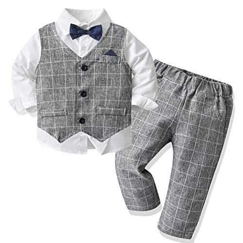 Happy Cherry - Kinder Anzug Hochzeit Jungen Baby Bekleidung Set für Zeremonie Hochzeitsfeier Festliche Party Baby Taufanzug Kinder Outfit Hemd Weste Hose Fliege - 12-18 Monate von Happy Cherry