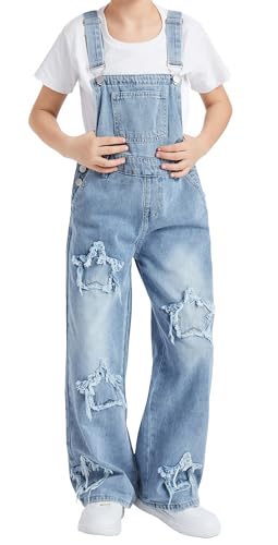 Happy Cherry Kinder Hellblau Latzhosen Jungen Mädchen Denim-Latzhose Verstellbare Hosenträger Jumpsuits Mode Ärmellose Einteilig Lange Jeans Overalls 10-11 Jahre von Happy Cherry