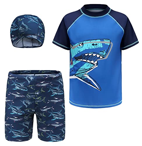 Happy Cherry Kinder Jungen Bademode Badeanzug UV-Schutz Rashguard Sets Schwimmshirt und Short Kinder mit Hut 3XL 120-130cm von Happy Cherry